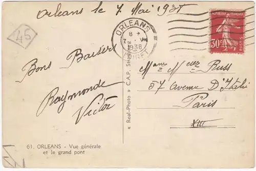 CPA Orleans, Vue generale et le Grand Pont, gel. 1938