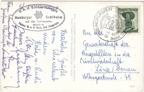 AK Schlossalm, verschneites Gebirge, D.A.V. Sektor Hamburg, Hamburger Schiheim, gel. 1950