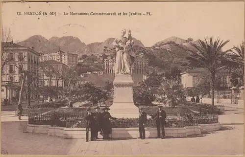 CPA Menton, Le Monument Communoratif et les Jardins, gel. 1927