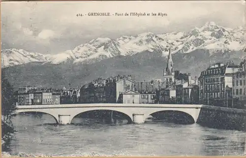 CPA Grenoble, Pont de Hopital et les Alpes, gel.