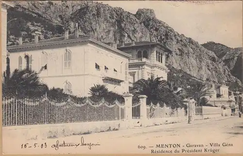 CPA Menton, Garavan, Villa Géna, Résidence du Président Kruger, gel. 1903