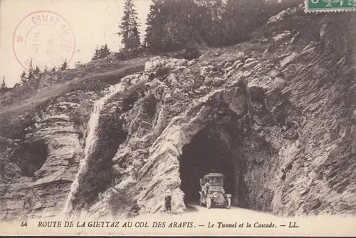 Cpa Route de la Giettaz au col des Aravis, Le tunnel et la Cascade, gel.