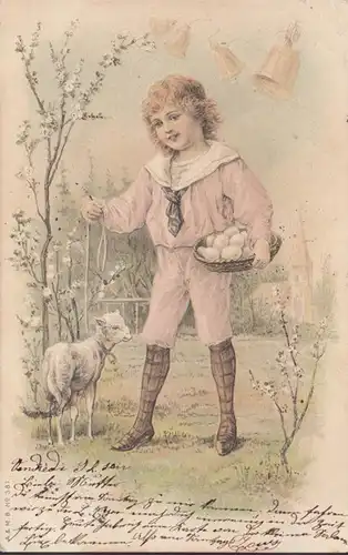CPA Filles de Pâques avec oeufs et agneau, gel. 1905