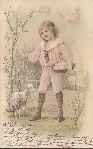 CPA Ostern Mädchen mit Eiern und Lamm, gel. 1905