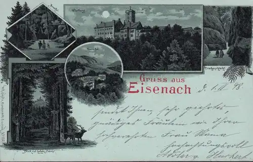 AK Gruss aus Eisenach, Wartburg, Drachenschlucht, Mondschein, gel. 1898