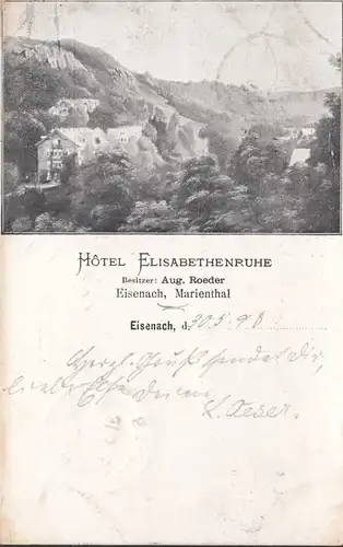 AK Eisenach, Mariental, Hotel Elisabethenruhe, gel. 1898