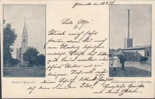 AK Glienicke, Kirche, Dampfschneidemühle, gel. 1898