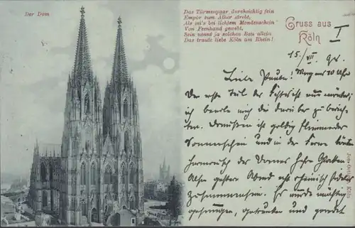 AK Gruss aus Köln, Der Dom, Mondschein, gel. 1898