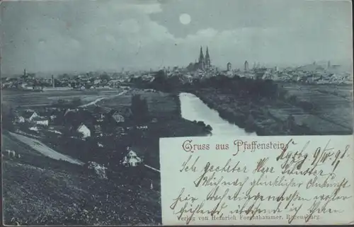 AK Gruss aus Pfaffenstein, Gesamtansicht, Mondschein, gel. 1898