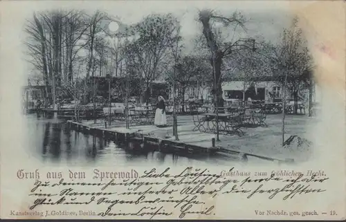 AK Gruss aus dem Spreewald, Gasthaus zum fröhlichen Hecht, Mondschein, gel. 1898