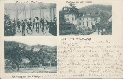 AK Gruss aus Heidelberg, Mensur, Gasthaus zur Kirchgasse, Heidelberg von der Kirchgasse, ungel.