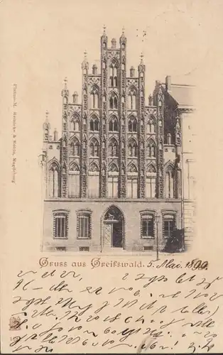 AK Gruss aus Greifswald, Giebelhaus am Markt, gelaufen 1899