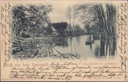 AK Gruss aus dem Spreewald, Schneidemühle bei Lübbenau, gelaufen 1898