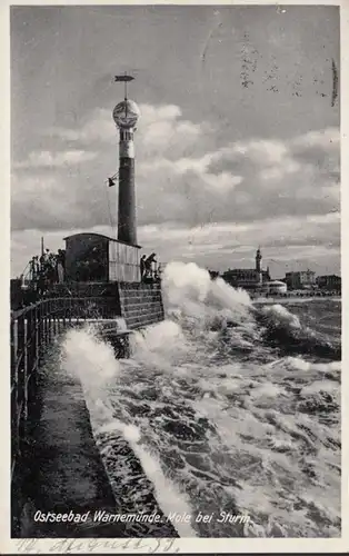 AK Warnemünde, Mole bei Sturm, gelaufen 1933
