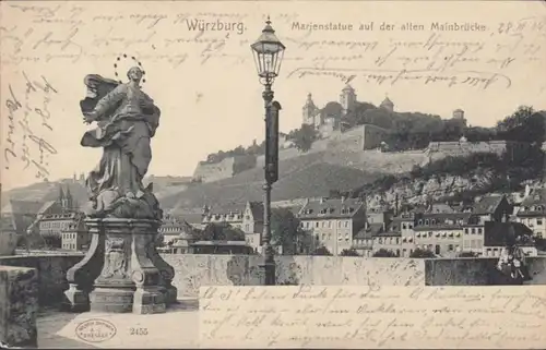 AK Würzburg, Marienstatue auf der alten Mainbrücke, gelaufen 1904