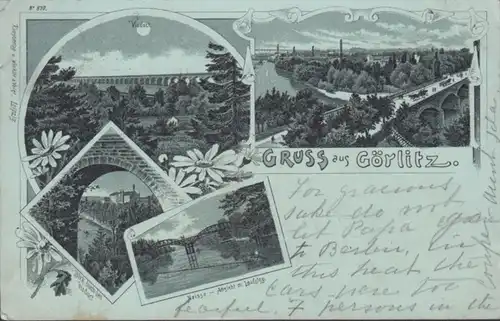 AK Gruss aus Görlitz Viaduc Neisse Mondschein, gelaufen 1898