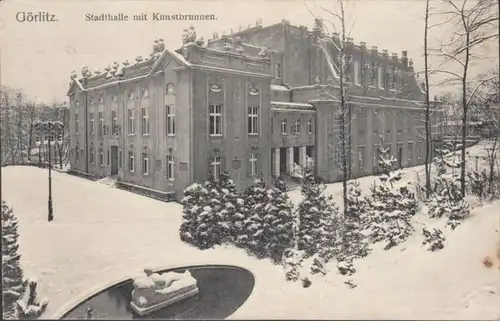 AK Görlitz Stadthalle et fontaine d'art, couru en 1925