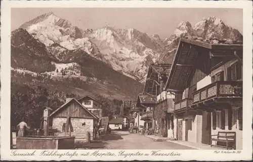 AK Garmisch Frühlingsstaße mit Alpspitze Zugspitze und Waxenstein, gelaufen 1935