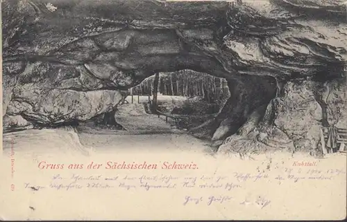AK Gruss aus der Sächsischen Schweiz Kuhstall, gelaufen 1900