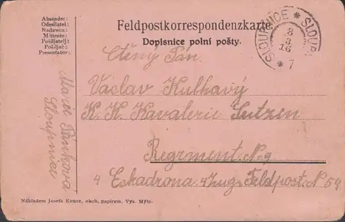 Carte de correspondance de champ Sloupnice, en 1916