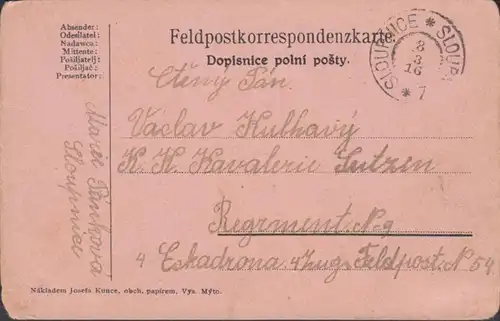 Feldpostkorrespondenzkarte Sloupnice, gelaufen 1916