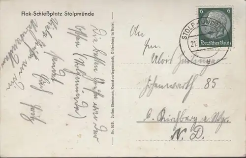 AK Stolpmünde Meeresblick Flak Schießplatz, gelaufen 1939