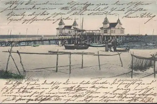 AK Ahlbeck, Landungsbrücke mit Strandhallen, gelaufen 1903