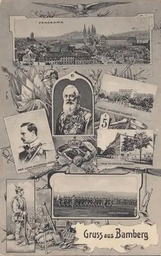 AK Gruß aus Bamberg Neue Infantrie Kaserne Parademarsch Panorama, gelaufen 1909