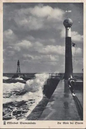 AK Warnemünde, Mole bei Sturm, Bahnpost, gelaufen 1942