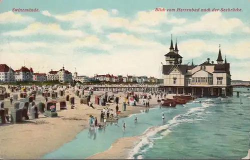 AK Swinemünde Blick vom Herrenbad nach der Seebrücke, gelaufen 1909