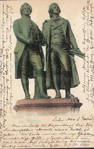 AK Gruss aus Weimar Goethe-Schiller Denkmal, gelaufen 1907