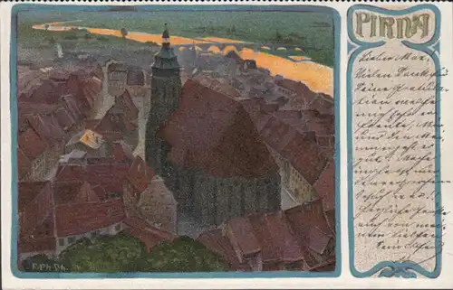 AK Pirna Stadtansicht Künstlerkarte, gelaufen 1901
