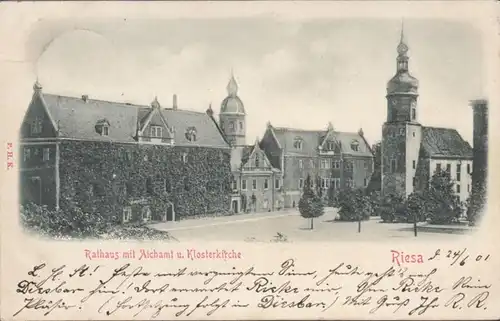 AK Riesa Rathaus mit Aichamt und Klosterkirche Präge-AK, gelaufen 1901