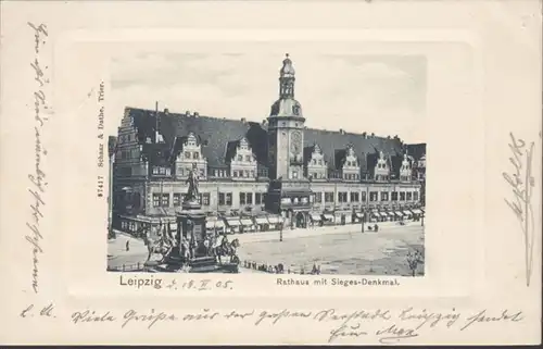 AK Leipzig Rathaus mit Siegesdenkmal, gelaufen 1905