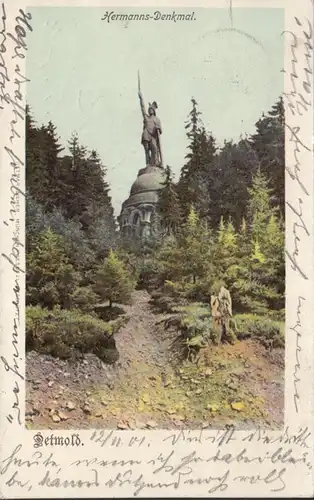 AK Detmold Hermanns-Denkmal, gelaufen 1901