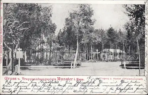 AK grogne contre le terrain d'entraînement militaire Munster entrée à la baraquement d officier Hanloh, couru en 1902.