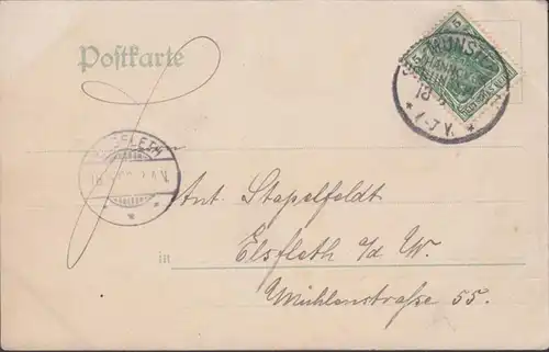 AK Gruss v. Truppenübungsplatz Munster, Eingang zum Hanloh, Offiziersbaracken, gelaufen 1902.