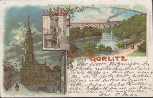 AK Gruss aus Görlitz Rathaus Rathaustreppe Viaduct Bahnpost, gelaufen 1898