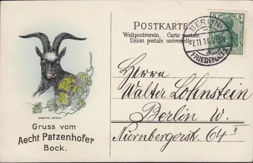 AK Gruss vom Aecht Patzenhofer Bock, gelaufen 1914
