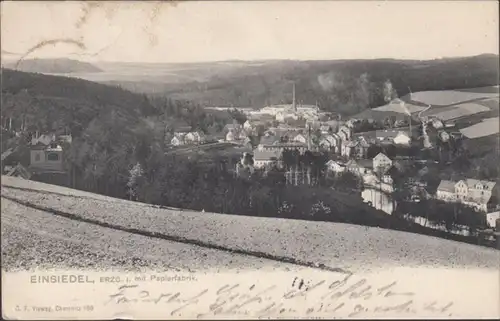 AK Einsiedeln mit Papierfabrik, gelaufen 1906