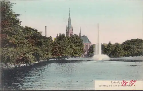 AK Leipzig Johannapark Lutherkirche, gelaufen 1907