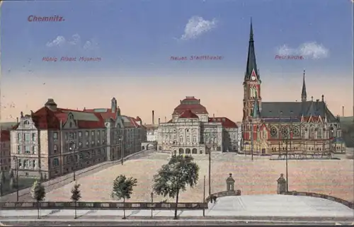 AK Chemnitz König Albert Museum Stadttheater Peirikirche Feldpost, gelaufen 1917