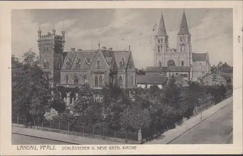 AK Landau Schlöschen et nouvelle église catholique du champ, couru 1916