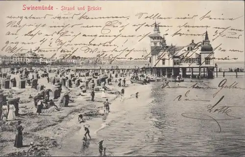 AK Swinemünde Strand und Brücke, gelaufen 1908
