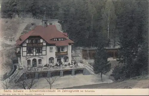 AK Bad Schandau Schrammsteinbaude im Zahnsgrunde, gelaufen 1908