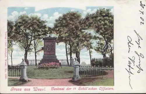 AK Gruss aus Wesel Denkmal der Schillschen Offiziere, gelaufen 1902