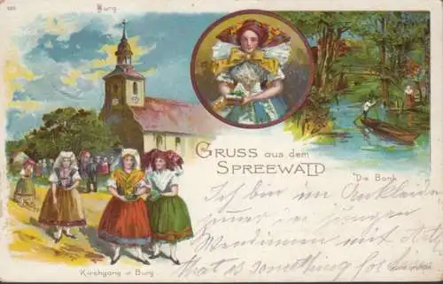 AK Gruss aus dem Spreewald, Kirchgang in Burg, gelaufen 1898