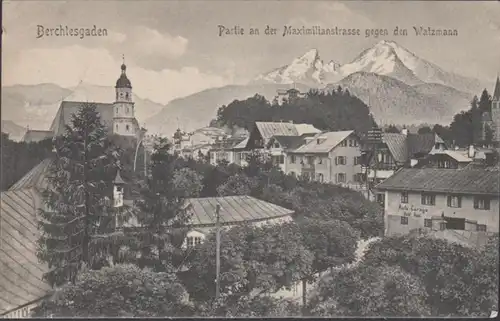 AK Berchtesgaden Partie an der Maximilianstraße gegen den Watzmann, gelaufen 1910