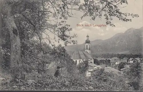 AK Blick nach Lenggries Kirche, gelaufen 1909