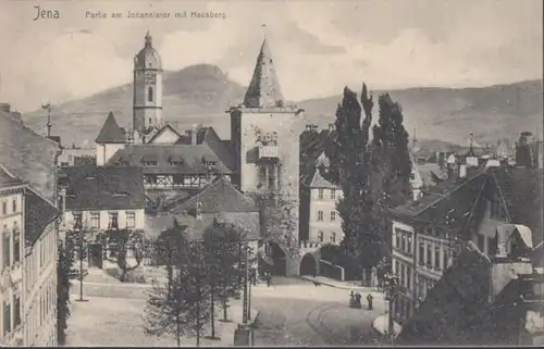 AK Jena Partie am Johannistor mit Hausberg, gelaufen 1908